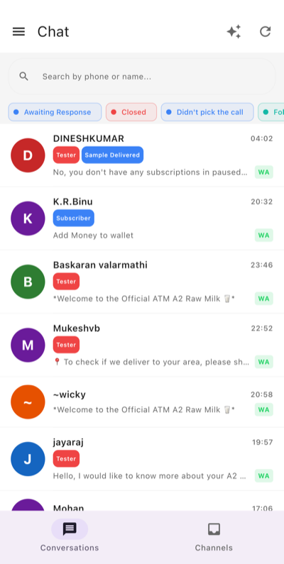 BNM Admin — chat inbox with customer conversations, tags, and status filters