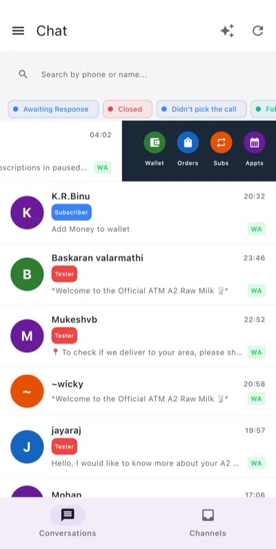 BNM Admin — quick action shortcuts for Wallet, Orders, Subscriptions, and Appointments