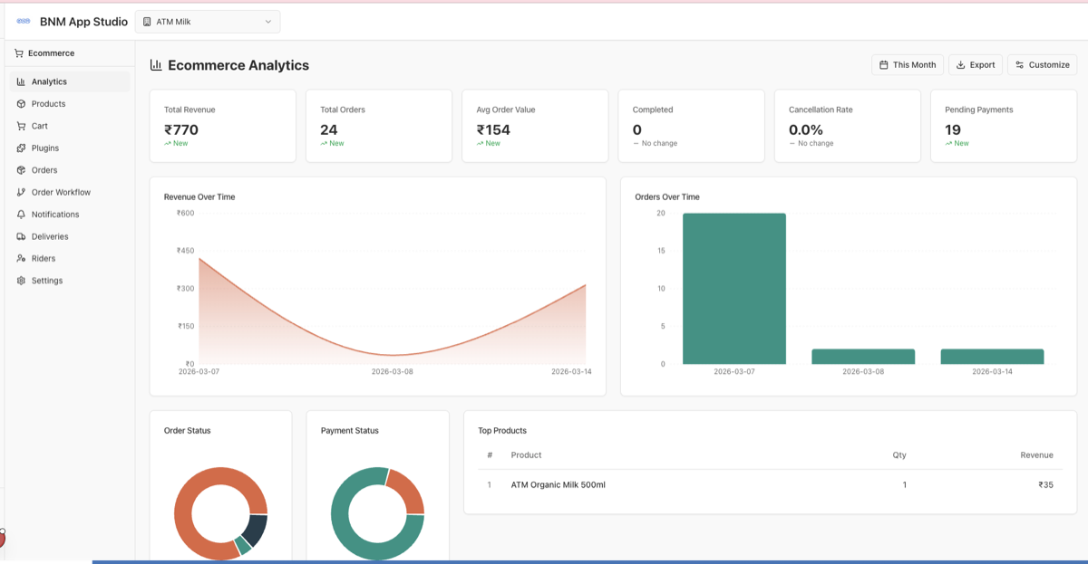 BNM Studio — Ecommerce Analytics Dashboard with revenue charts, order stats, and top products