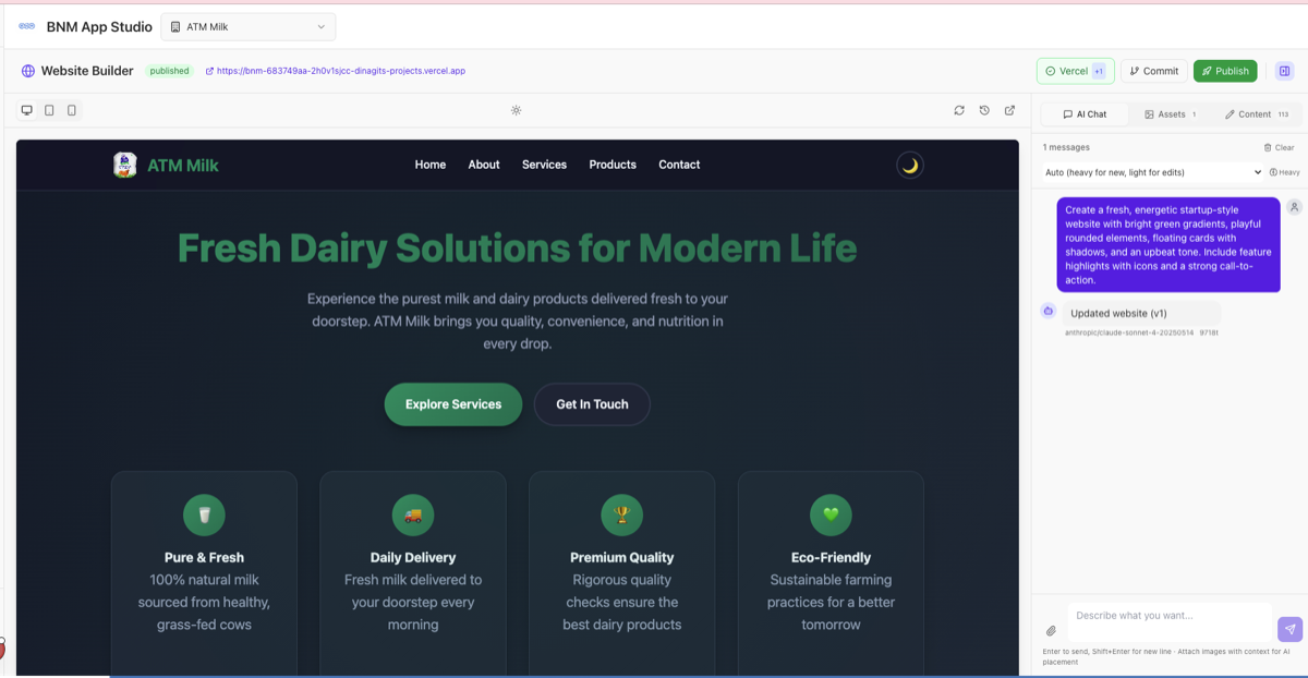 BNM AI Website Builder — full dashboard with live site preview on the left and AI chat assistant on the right generating a dairy business website
