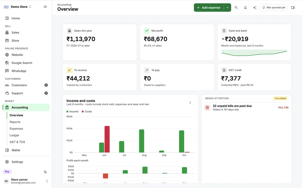 BNM Business on desktop: accounting overview with income, costs and profit each month