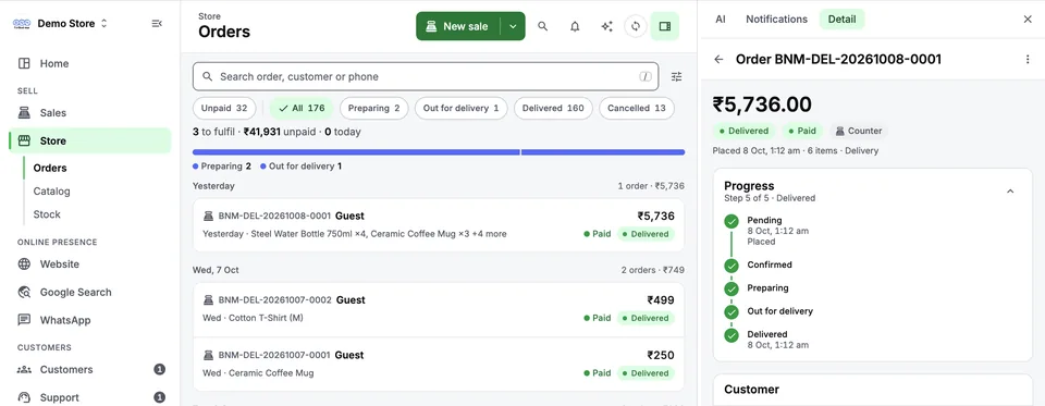 BNM Business on desktop: the orders list with one order open beside it