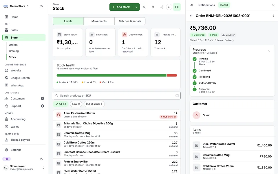 BNM Business on desktop: stock levels, stock health and days of cover