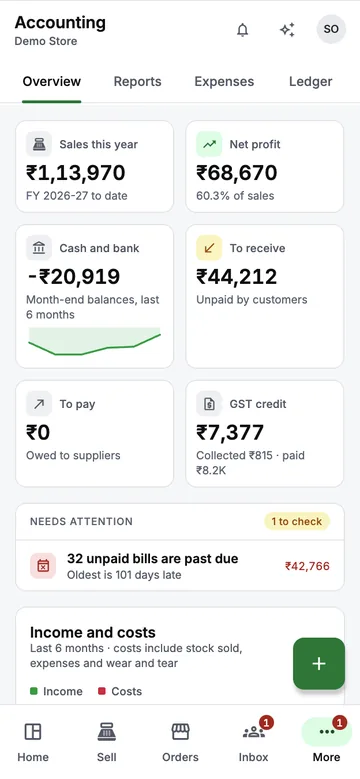 BNM Business on a phone: accounting overview with sales, profit and GST credit